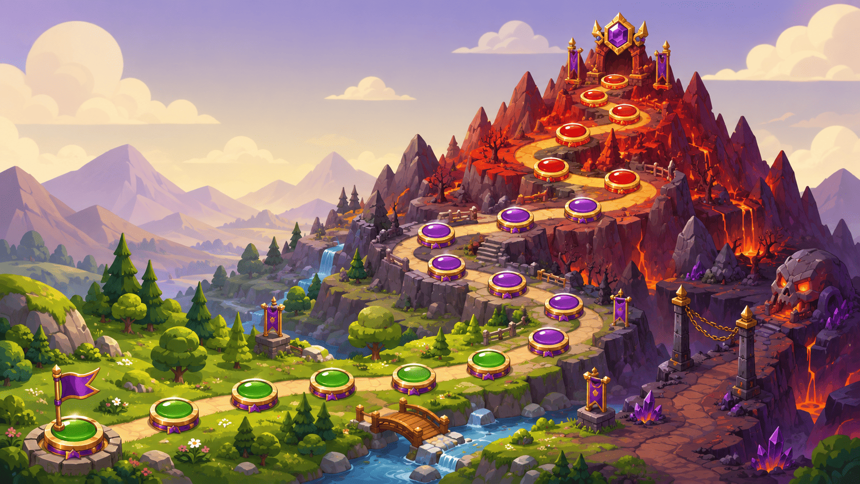A match-3 level-progression map winding from a lush green valley up to a fiery volcanic peak — visualising the difficulty curve